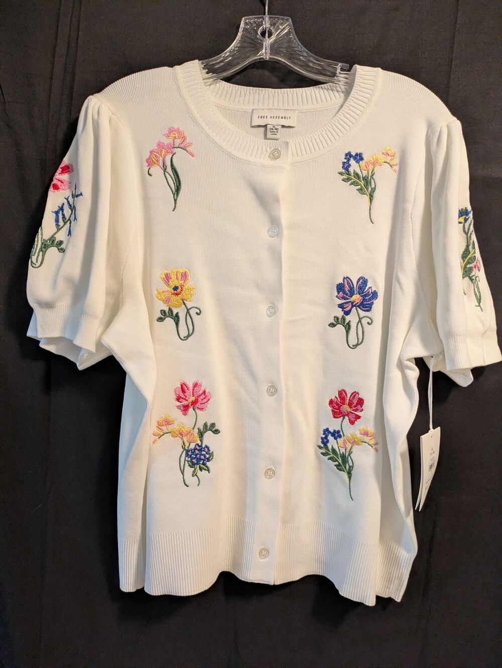 Free Assembly Embroidered Cardigan Sweater with Puff Sleeves, Lightweight XL